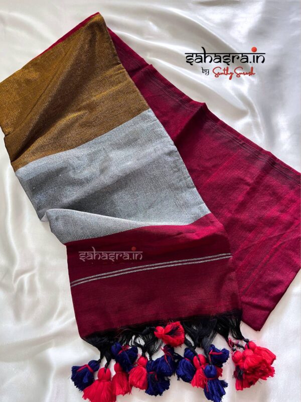 Khadi Cotton Saree with Copper & Silver Pallu -SK4
