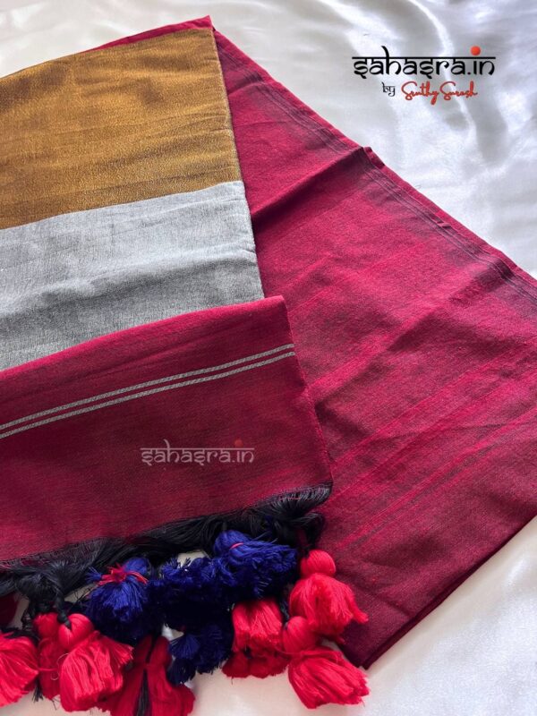 Khadi Cotton Saree with Copper & Silver Pallu -SK4 - Image 2