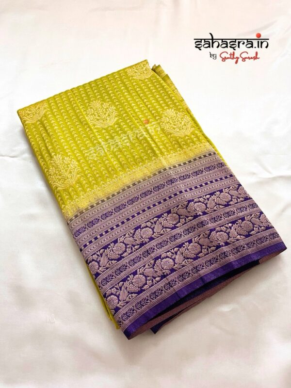 Lime Green & Navy blue Banarasi Semi Khaddi Georgette Saree-SB127 - Image 5