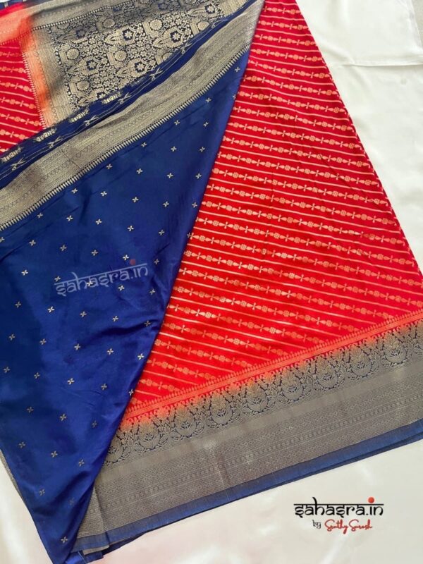 Banarasi Semi Khaddi Georgette Saree(RED & Navy Blue)-SB123 - Image 4