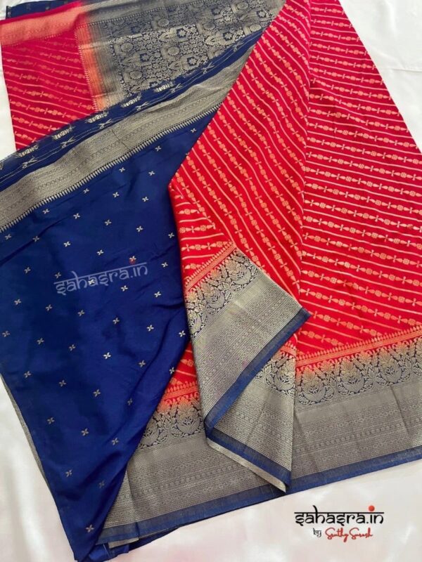 Banarasi Semi Khaddi Georgette Saree(RED & Navy Blue)-SB123 - Image 2
