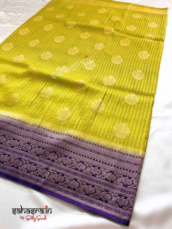 Lime Green & Navy blue Banarasi Semi Khaddi Georgette Saree-SB127 - Image 3