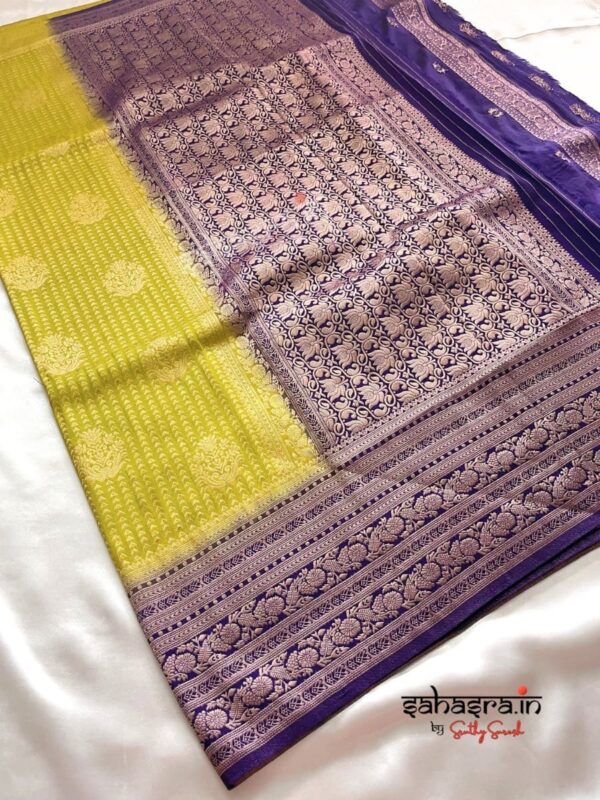 Lime Green & Navy blue Banarasi Semi Khaddi Georgette Saree-SB127 - Image 2