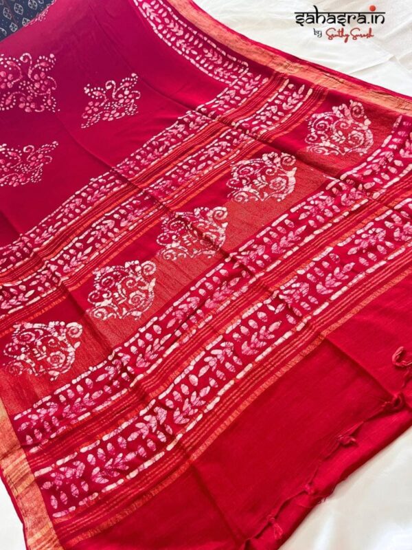 Batik Print Linen Sarees (Red)-SLB111A - Image 2