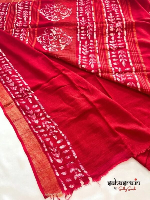Batik Print Linen Sarees (Red)-SLB111A - Image 3