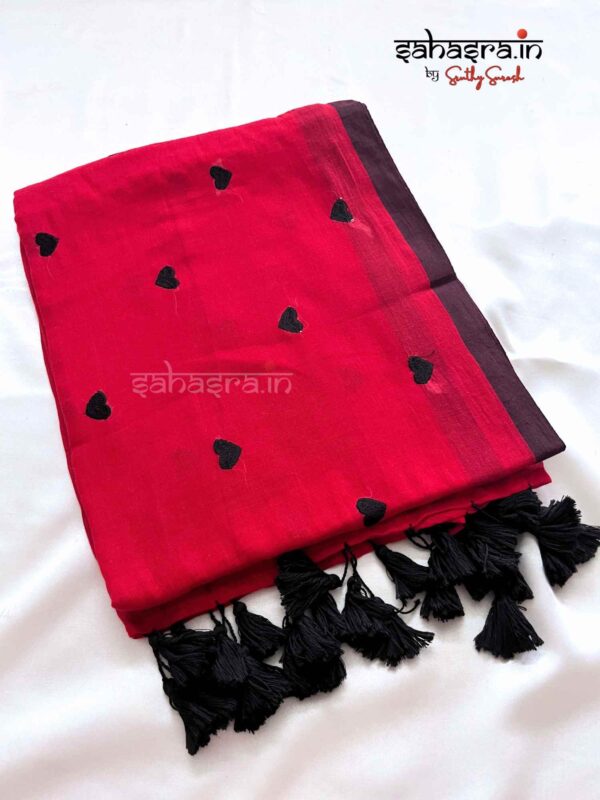 Hearts Mul Mul Cotton Saree (Red) -ML001 - Image 4