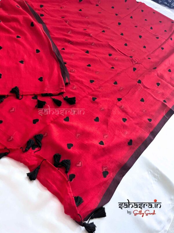 Hearts Mul Mul Cotton Saree (Red) -ML001 - Image 3