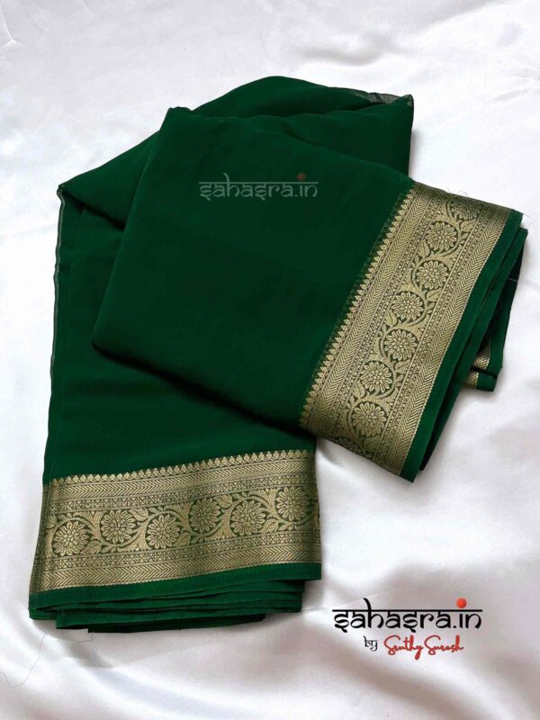 Green & Gold-Toned Zari Georgette Saree-SG1 - Image 3