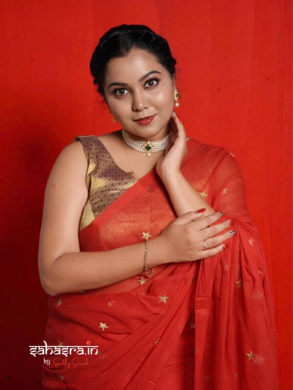Mul Mul Cotton Saree :THARA (Red) -ML003 - Image 2