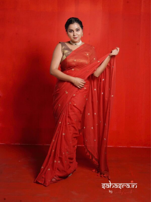 Mul Mul Cotton Saree :THARA (Red) -ML003