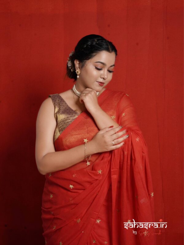 Mul Mul Cotton Saree :THARA (Red) -ML003 - Image 4