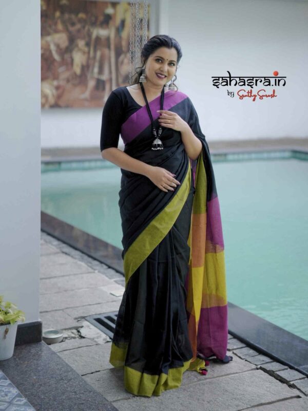 Handloom Soft Cotton Saree (Black)-SH1 - Image 3