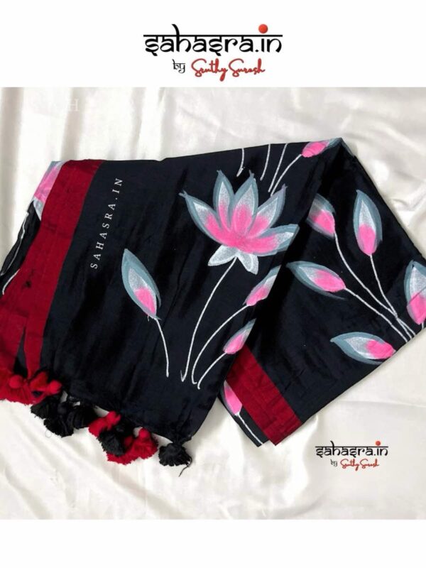 Handloom Hand-painted Saree  -SH315 (Black) - Image 5