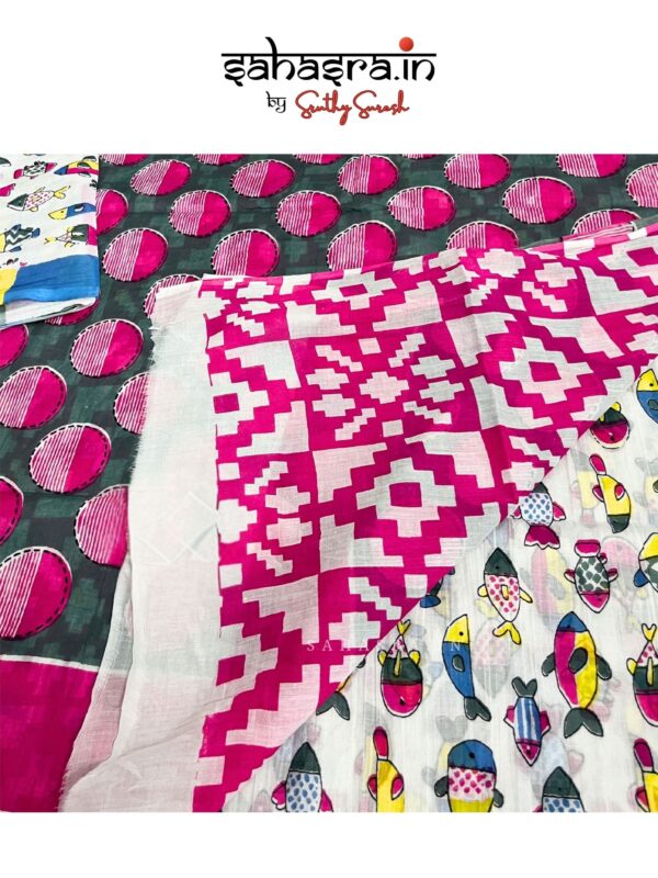 Fish Quirky Print White Mul Cotton Saree -MQ21 - Image 2