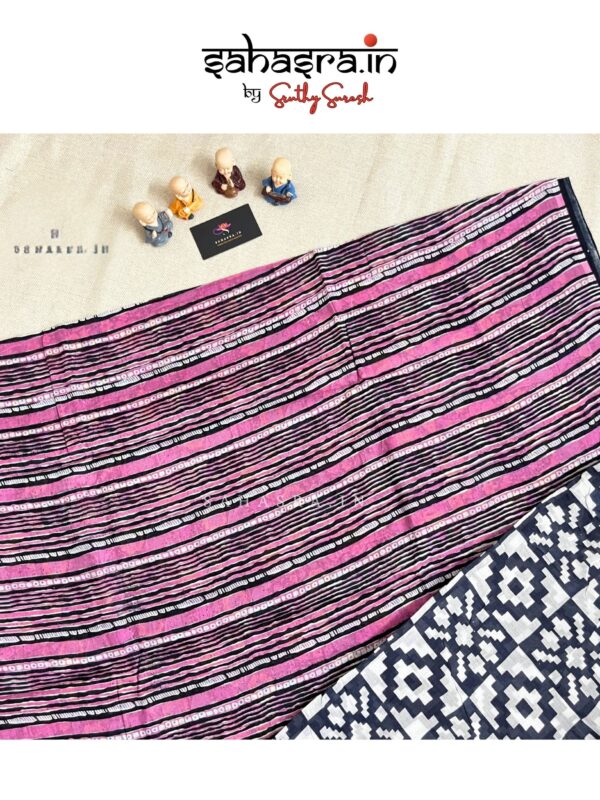 Floral Quirky Print Mul Cotton Saree (Black)-MQ28b - Image 3