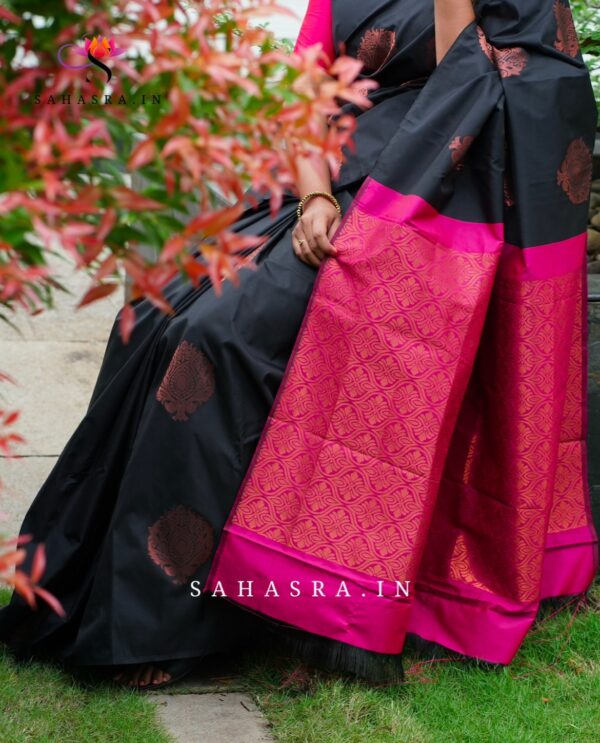 Black Semi Soft Silk Saree -BS12B - Image 5