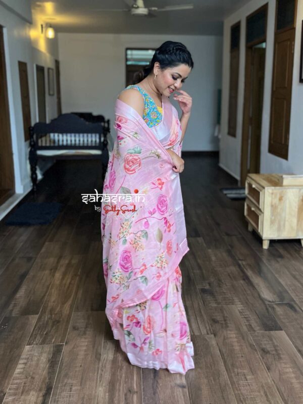 Pink floral printed Ready to wear Saree-RW24 - Image 2