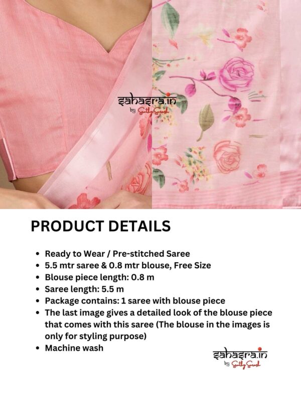 Pink floral printed Ready to wear Saree-RW24 - Image 4