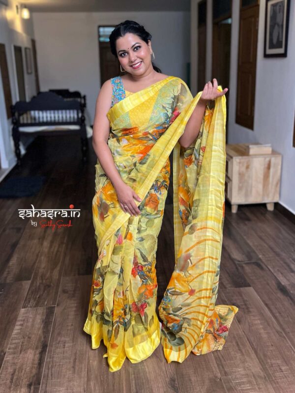Yellow floral printed Ready to wear Saree-RW25 - Image 3