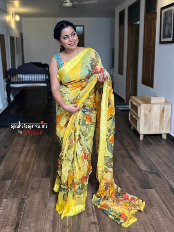Yellow floral printed Ready to wear Saree-RW25