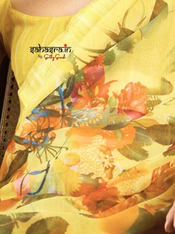 Yellow floral printed Ready to wear Saree-RW25 - Image 4