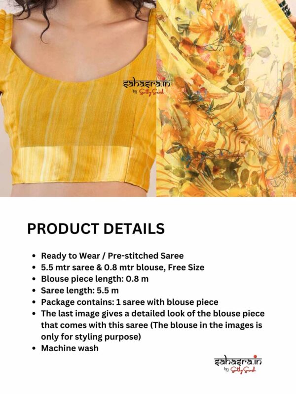 Yellow floral printed Ready to wear Saree-RW25 - Image 5