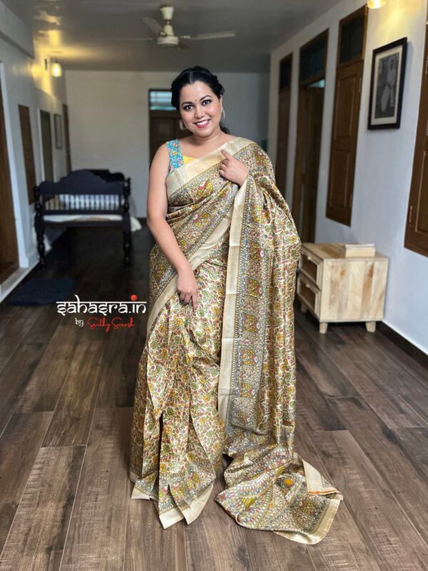 Beige Madhubani printed Ready to wear Saree-RW21