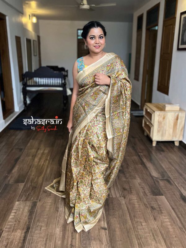 Beige Madhubani printed Ready to wear Saree-RW21 - Image 4
