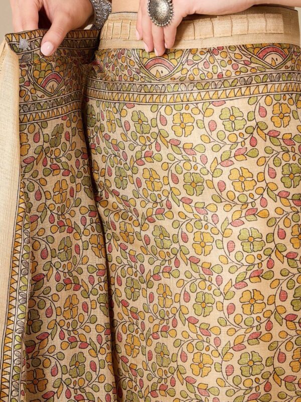 Beige Madhubani printed Ready to wear Saree-RW21 - Image 2