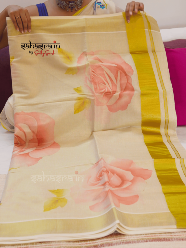 Kerala Floral -Tissue Cotton Kerala Saree (KS13