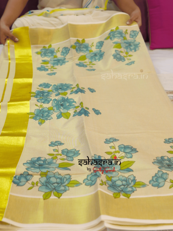 Kerala Floral -Tissue Cotton Kerala Saree (KS15) - Image 4