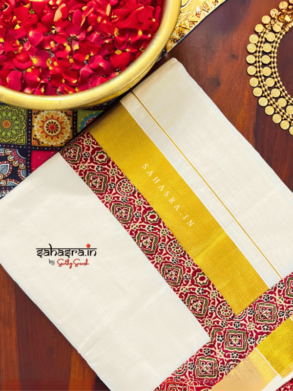 Ajrakh Kerala Kasavu Saree (KS05) - Image 2