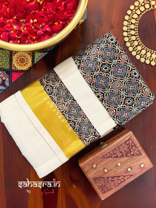Ajrakh Kerala Kasavu Saree (KS05) - Image 4