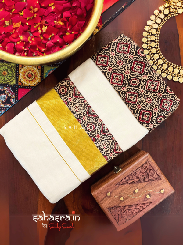 Ajrakh Kerala Kasavu Saree (KS05) - Image 5