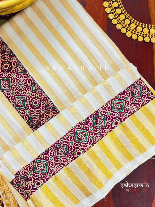Kerala Stripes Saree with ajrakh border - (KS06)