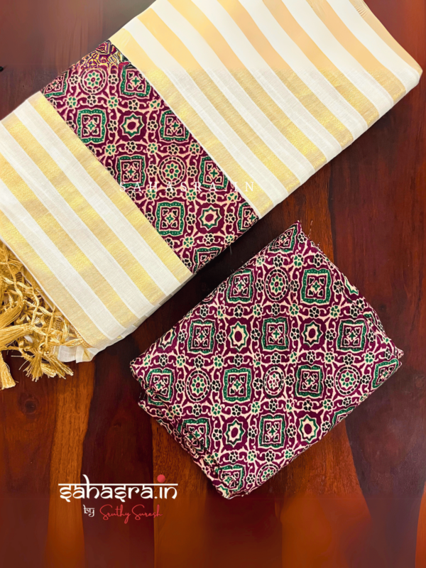 Kerala Stripes Saree with ajrakh border - (KS06) - Image 2