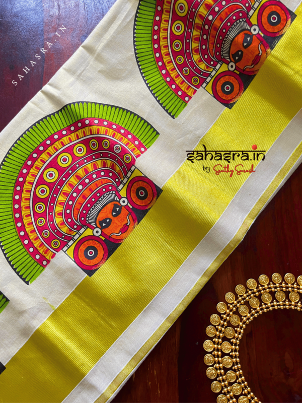 Theyyam Printed Kerala Kasavu Saree - (KS07) - Image 6