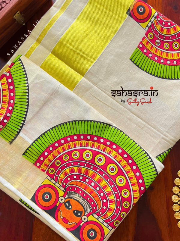 Theyyam Printed Kerala Kasavu Saree - (KS07) - Image 7