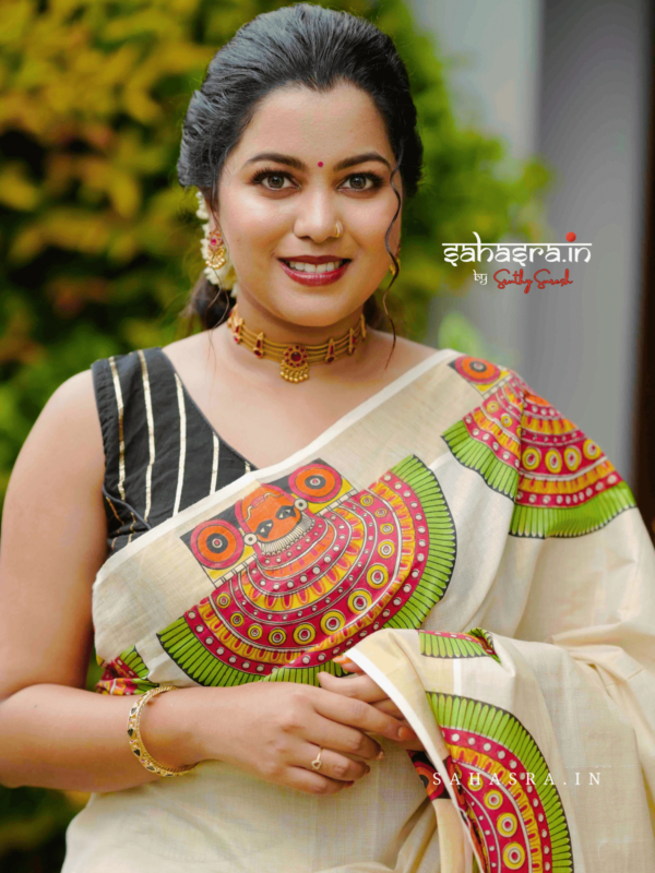 Theyyam Printed Kerala Kasavu Saree - (KS07) - Image 2