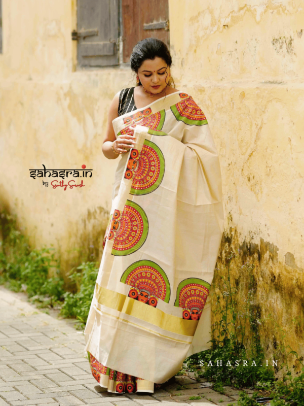 Theyyam Printed Kerala Kasavu Saree - (KS07) - Image 5