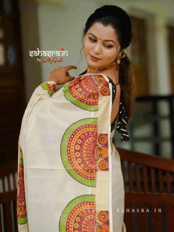 Theyyam Printed Kerala Kasavu Saree - (KS07) - Image 3