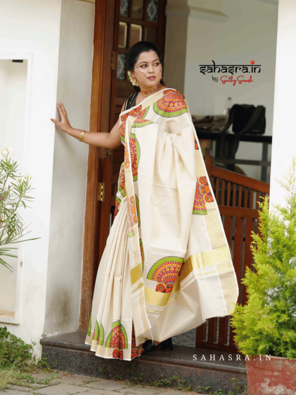 Theyyam Printed Kerala Kasavu Saree - (KS07) - Image 4