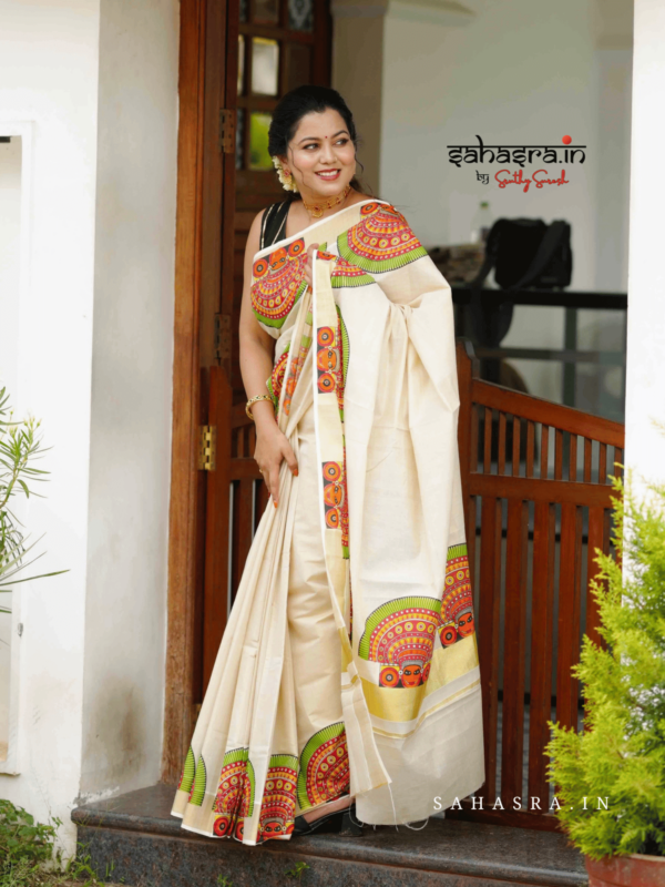 Theyyam Printed Kerala Kasavu Saree - (KS07)