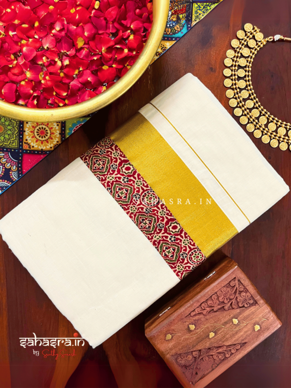 Ajrakh Kerala Kasavu Saree (KS05) - Image 3