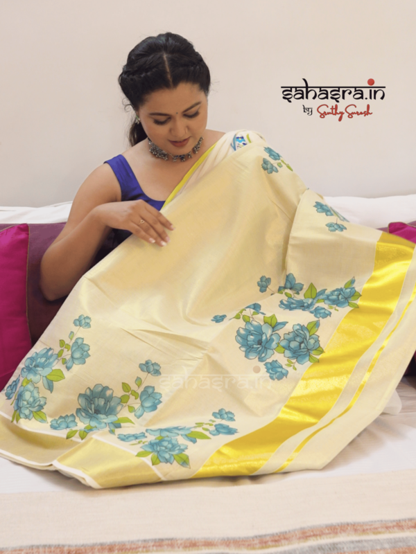 Kerala Floral -Tissue Cotton Kerala Saree (KS15)