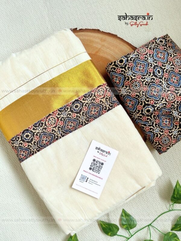 Kerala Kasavu Saree with Ajrakh print (KSA05)