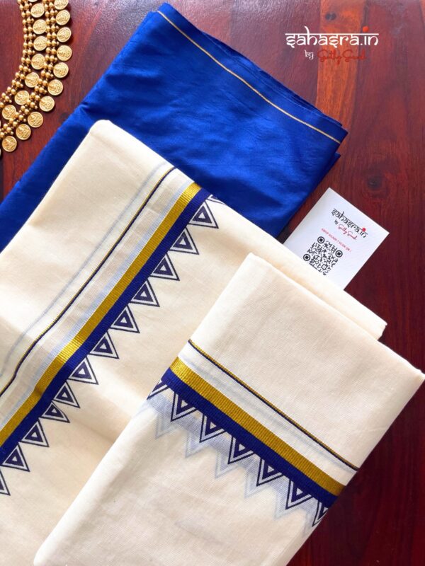 Blue Kerala Set Mundu With temple Border (Mundum Neriyathum)-SM31