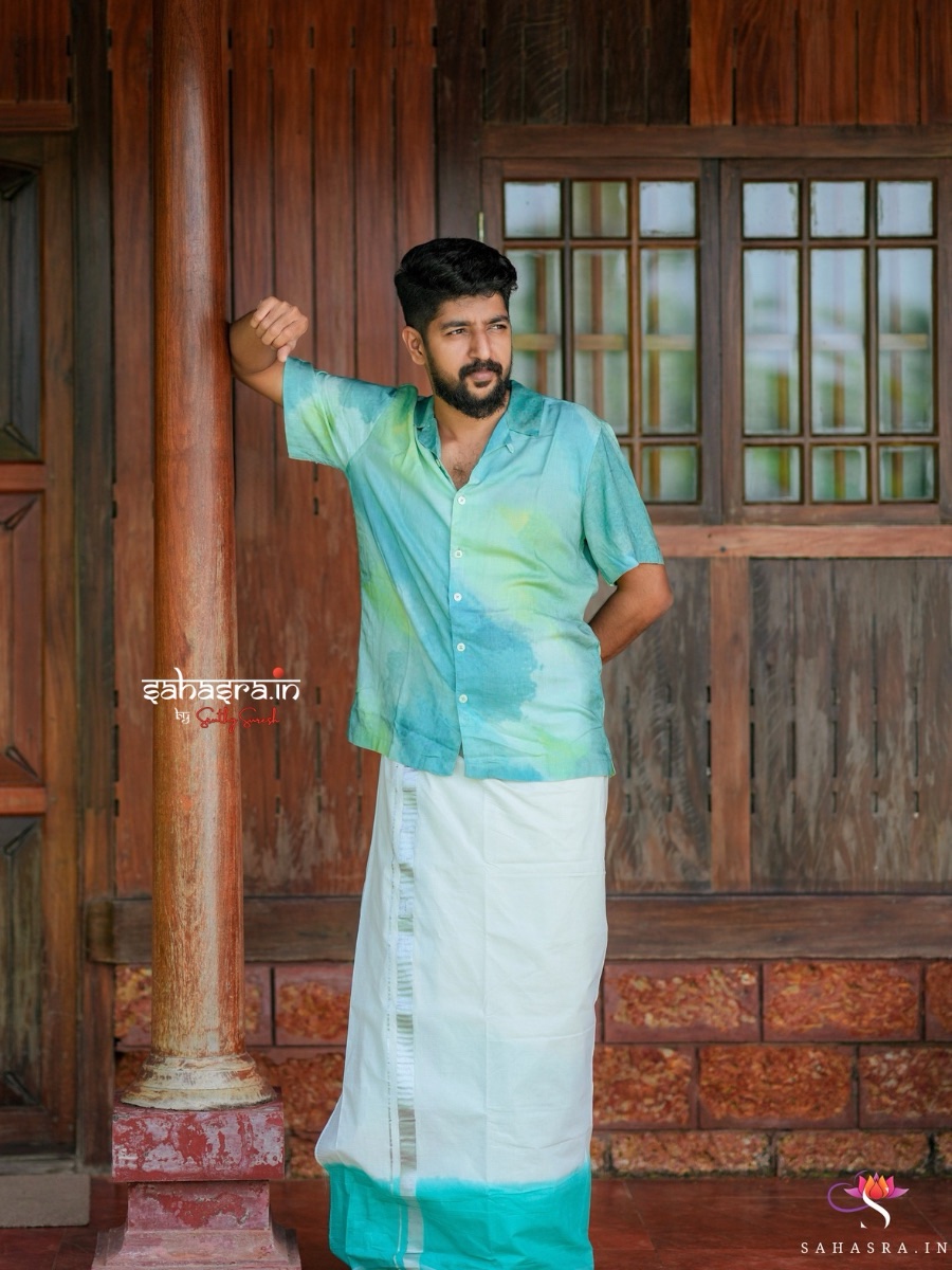 Kerala Tie-dye Kasavu Double Mund/ Dhoti -(TDM31) - Image 3