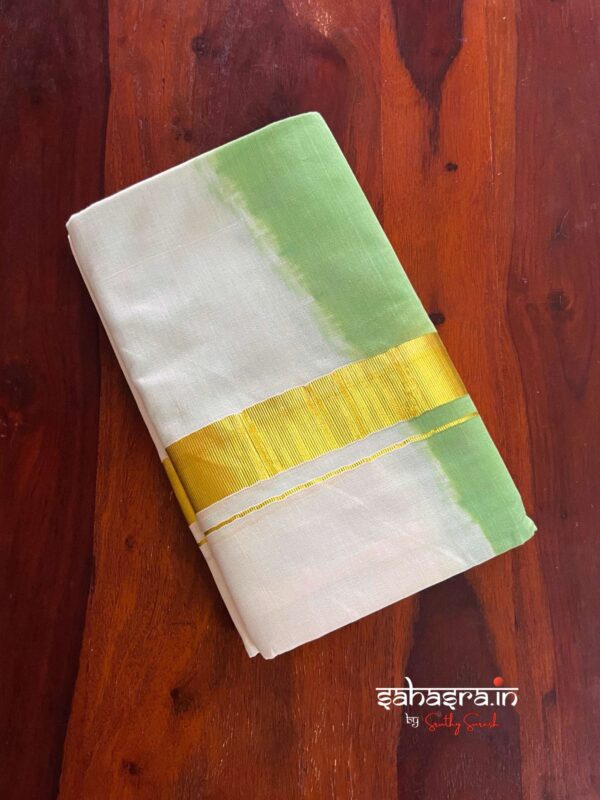 Green Tie & Dye Premium Kasavu  Mundu/Dhoti-(DT05) - Image 3
