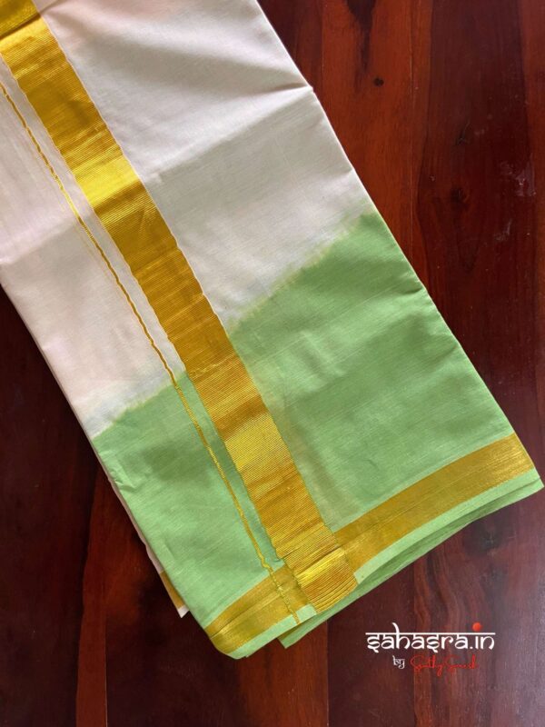 Green Tie & Dye Premium Kasavu  Mundu/Dhoti-(DT05) - Image 2